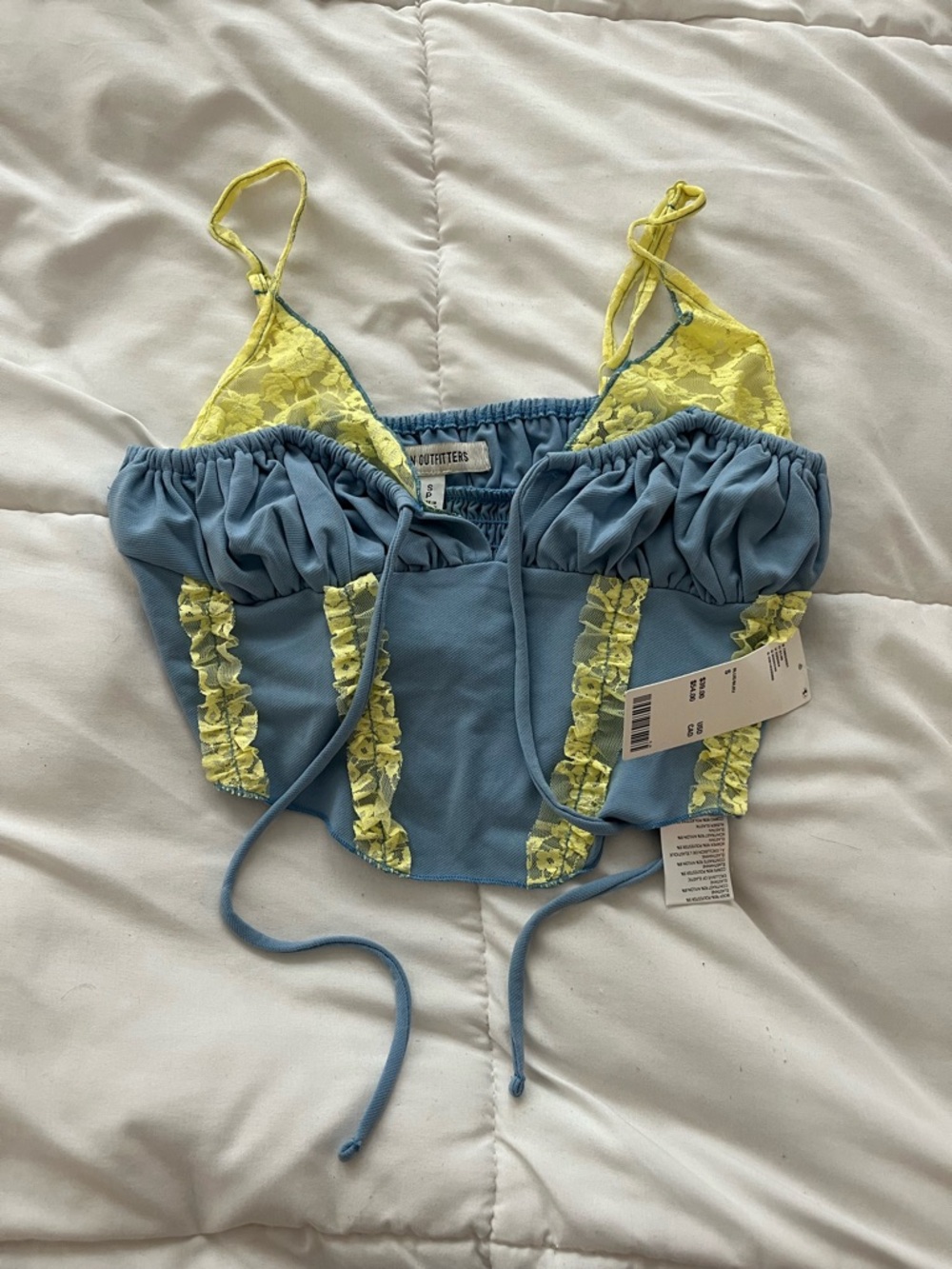 Urban Outfitters Blue and Yellow Lace-Trim Cropped Cami